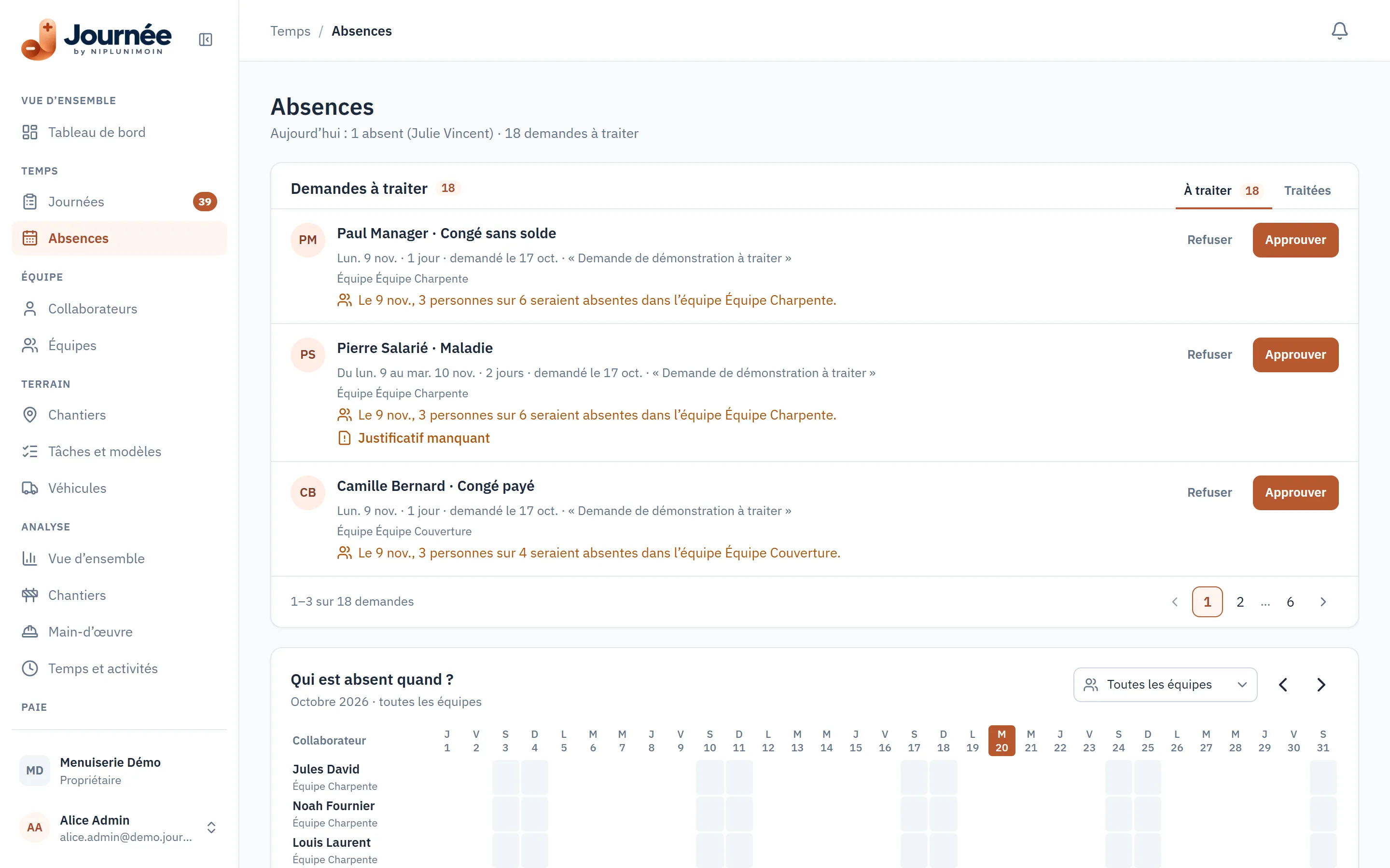 Gestion des absences : demandes à traiter et planning