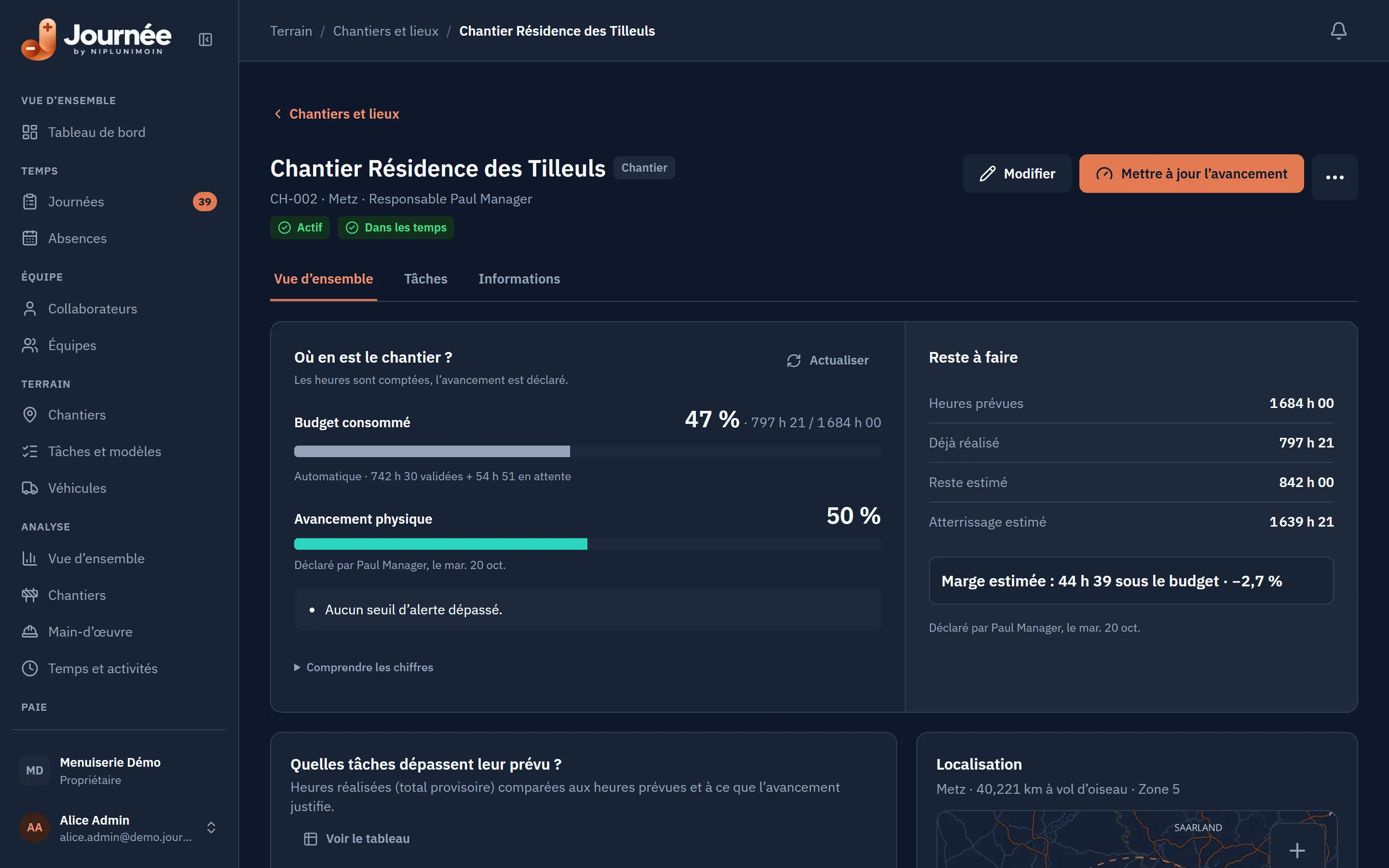 Fiche chantier : budget temps consommé, avancement déclaré, reste à faire et atterrissage estimé