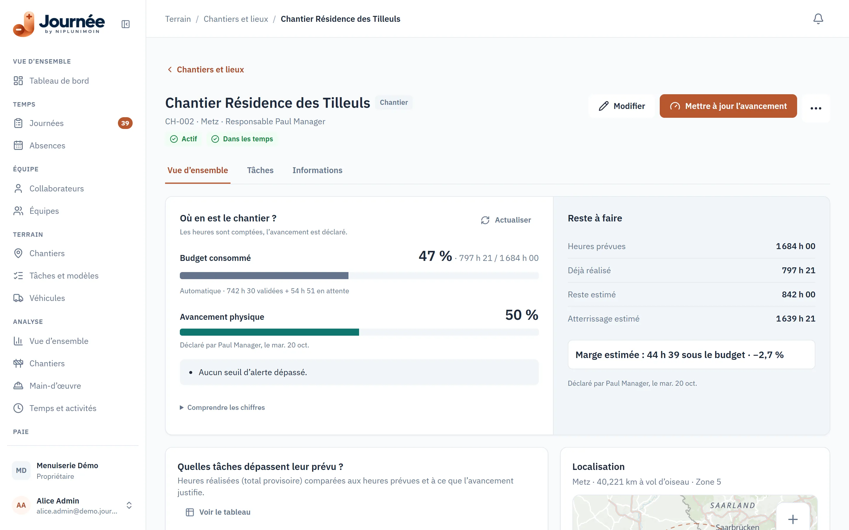 Fiche chantier : budget temps consommé, avancement déclaré, reste à faire et atterrissage estimé